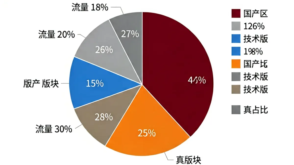 草榴主页版块热度分布示意图，圆形图表展示各版块流量占比，国产区占比最大