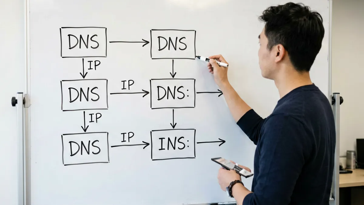 草榴主页 - 网络安全专家在白板上讲解 DNS 污染与 IP 封锁的区别示意图场景